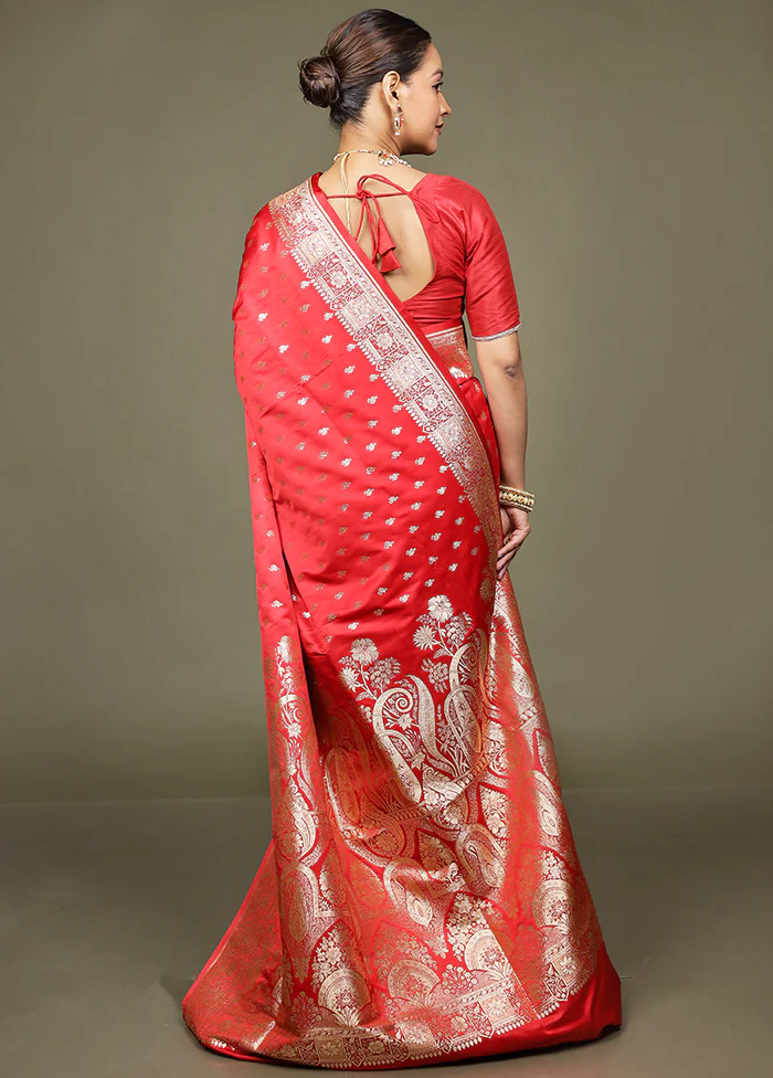 Red Banarasi Silk Saree With Blouse Piece - Image 3