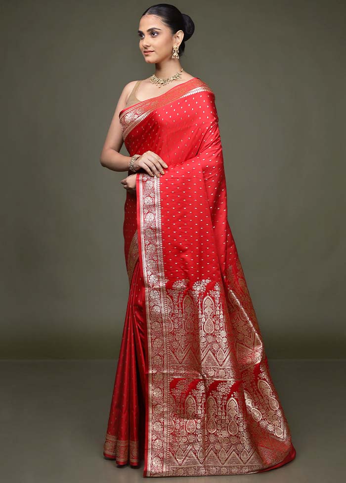 Red Banarasi Silk Saree With Blouse Piece - Image 4