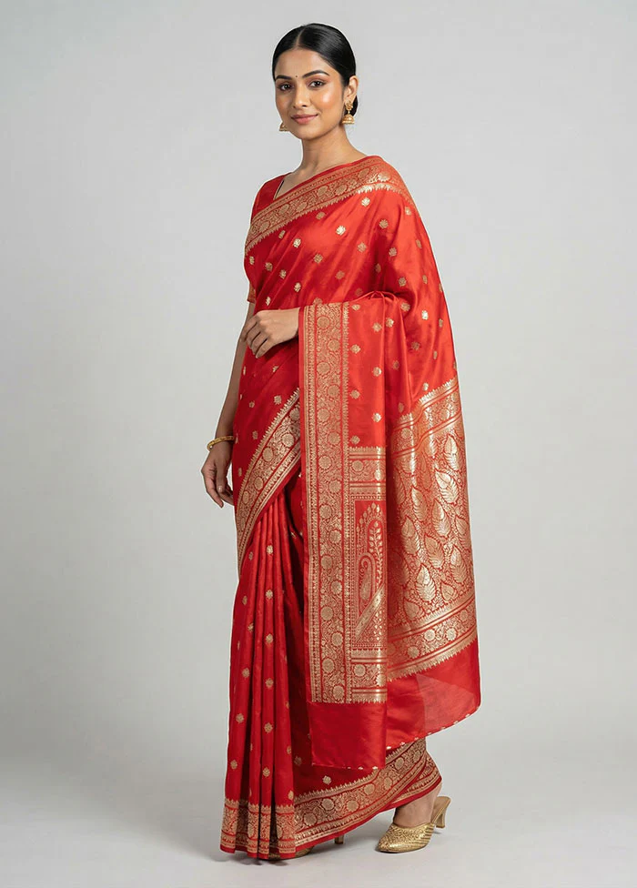 Red Banarasi Silk Saree With Blouse Piece