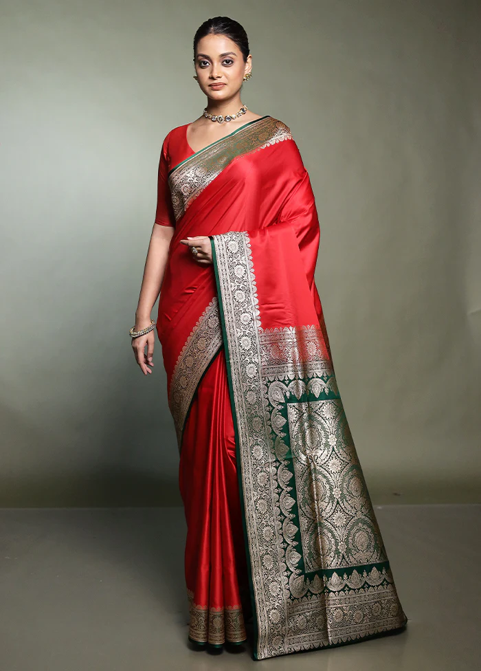 Red Banarasi Silk Saree With Blouse Piece - Image 2