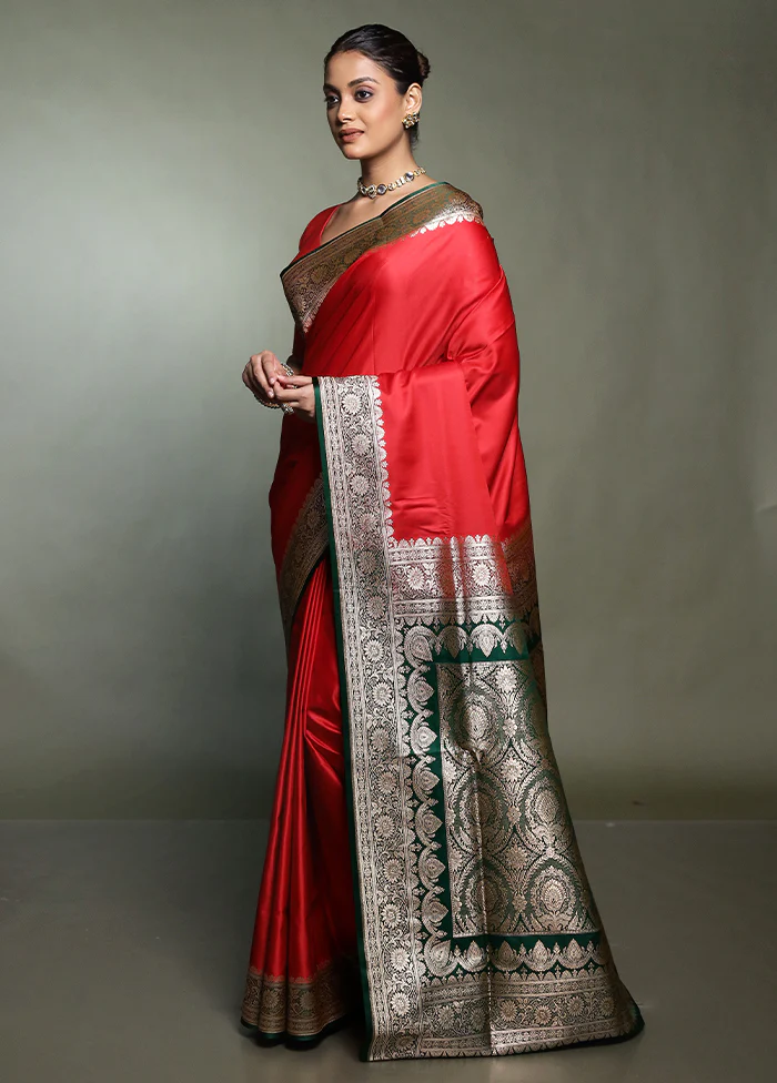 Red Banarasi Silk Saree With Blouse Piece - Image 4