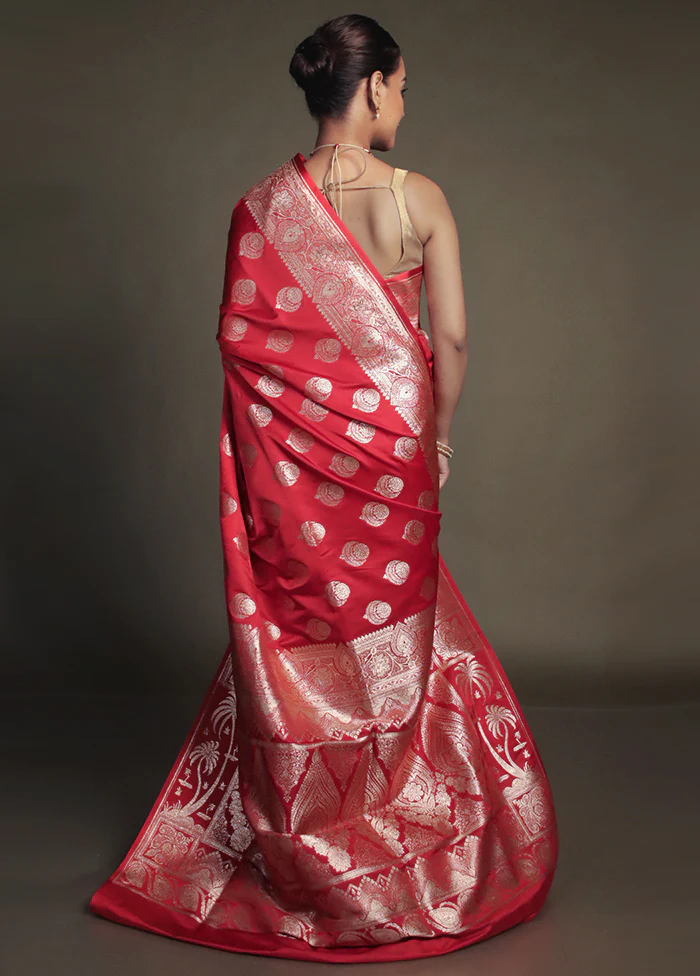 Red Banarasi Silk Saree With Blouse Piece - Image 3
