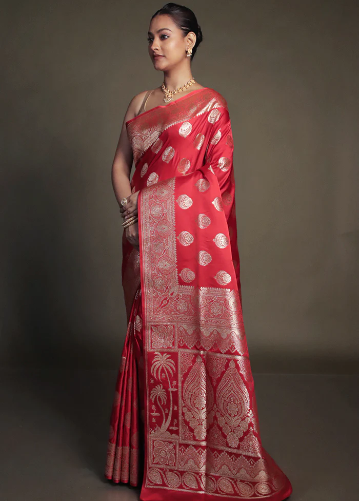 Red Banarasi Silk Saree With Blouse Piece - Image 4