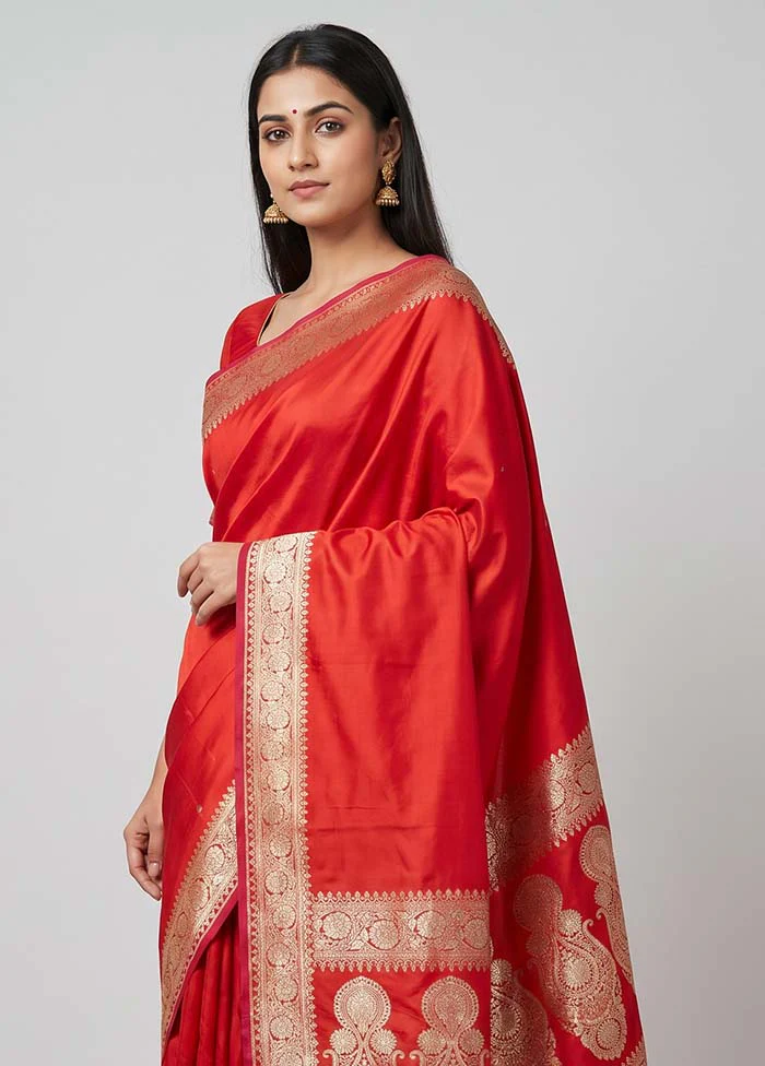 Red Banarasi Silk Saree With Blouse Piece - Image 2