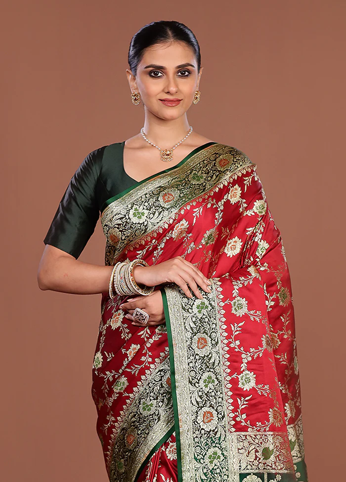 Red Banarasi Silk Saree With Blouse Piece