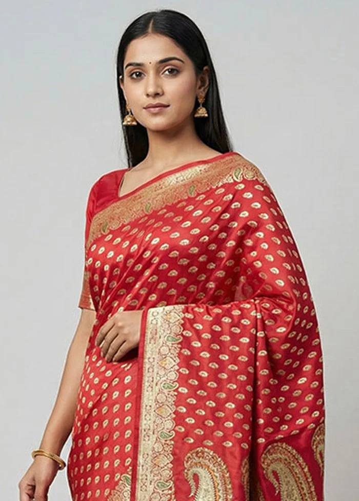 Red Banarasi Silk Saree With Blouse Piece - Image 2