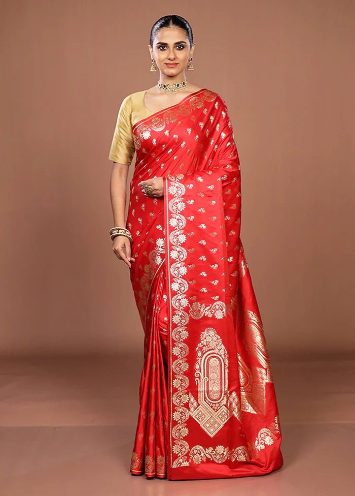 Red Banarasi Silk Saree With Blouse Piece - Image 2