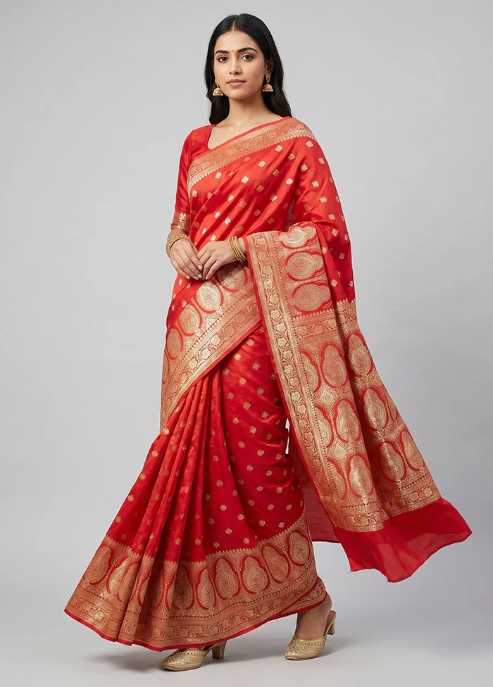 Red Banarasi Silk Saree With Blouse Piece