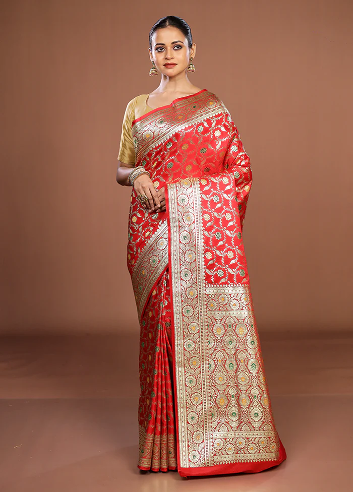 Red Banarasi Silk Saree With Blouse Piece - Image 2