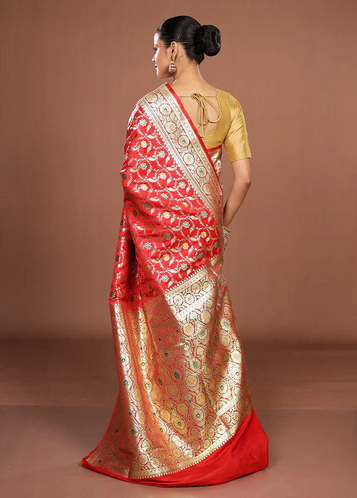 Red Banarasi Silk Saree With Blouse Piece - Image 3