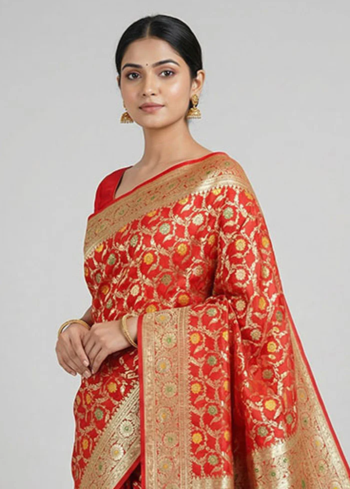 Red Banarasi Silk Saree With Blouse Piece - Image 2