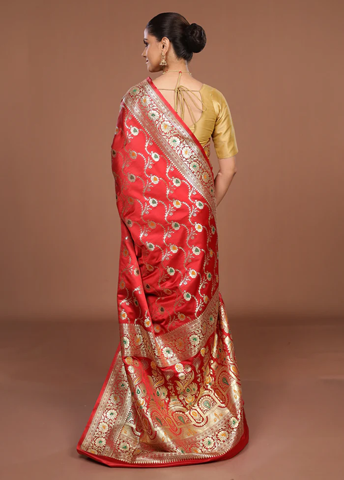 Red Banarasi Silk Saree With Blouse Piece - Image 3
