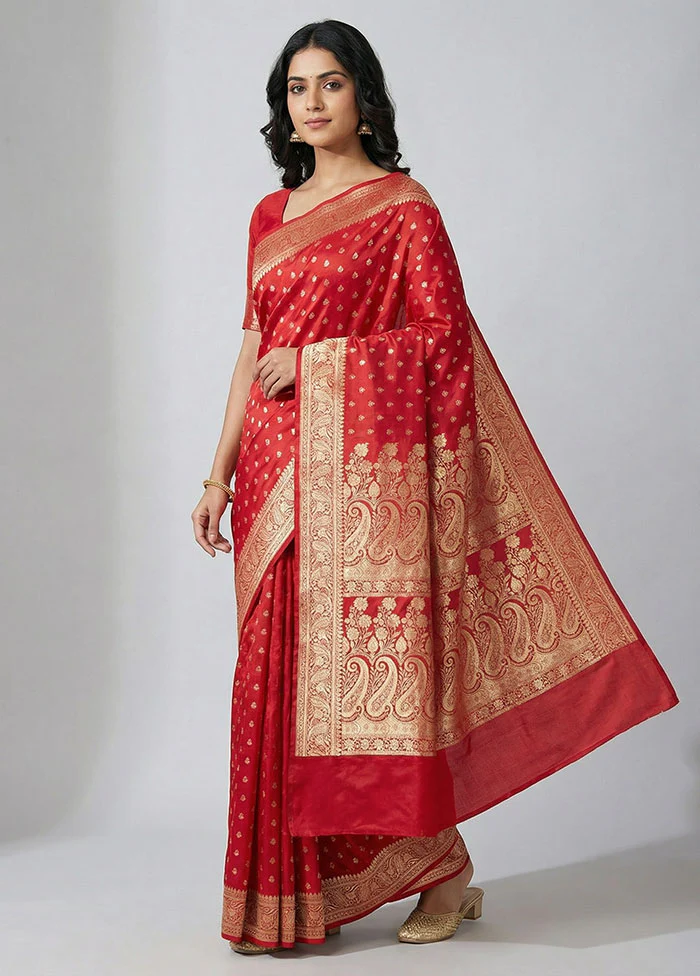 Red Banarasi Silk Saree With Blouse Piece
