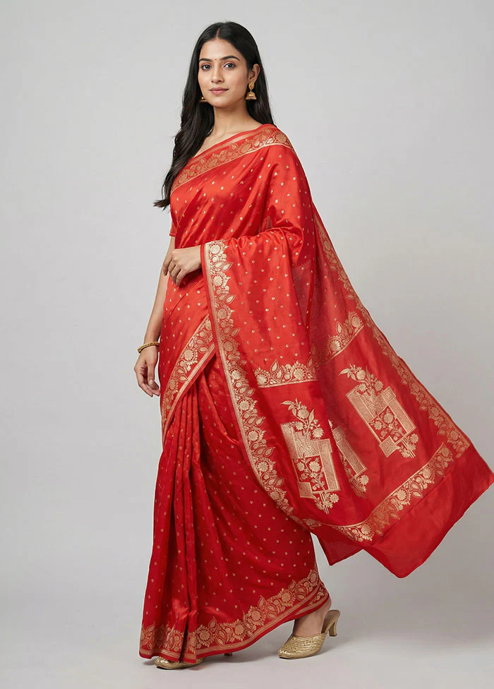 Red Banarasi Silk Saree With Blouse Piece