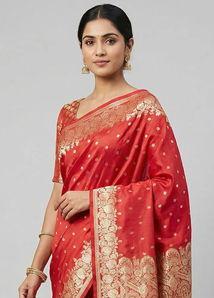 Red Banarasi Silk Saree With Blouse Piece - Image 2