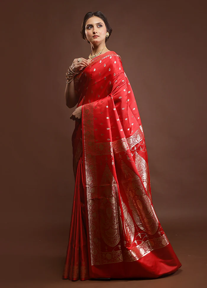 Red Banarasi Silk Saree With Blouse Piece - Image 4