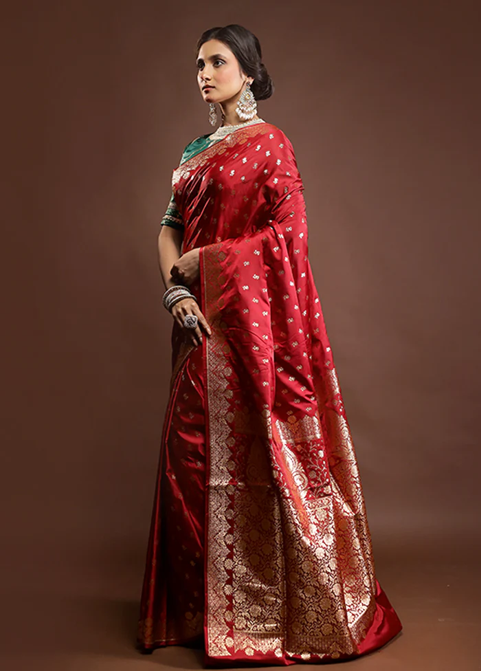 Red Banarasi Silk Saree With Blouse Piece - Image 4