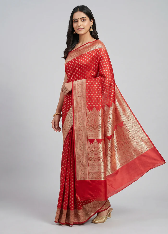 Red Banarasi Silk Saree With Blouse Piece