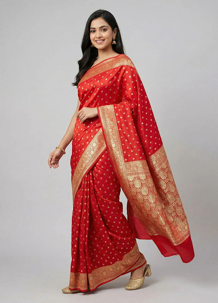 Red Banarasi Silk Saree With Blouse Piece