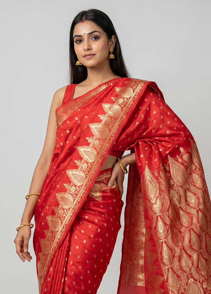 Red Banarasi Silk Saree With Blouse Piece - Image 2