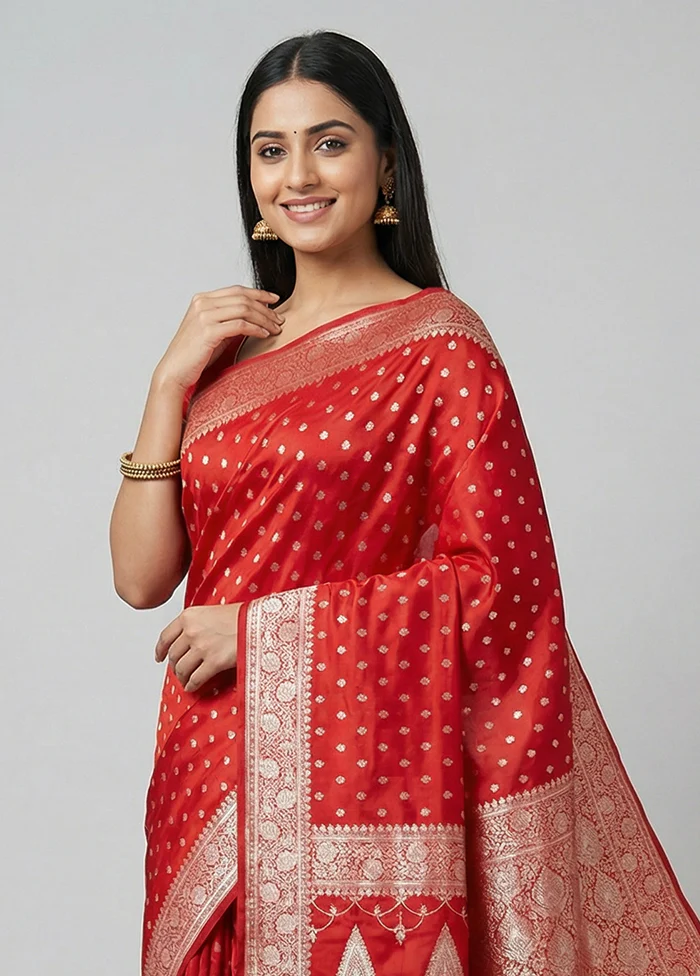 Red Banarasi Silk Saree With Blouse Piece - Image 2
