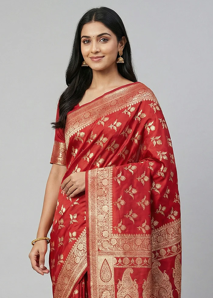 Red Banarasi Silk Saree With Blouse Piece - Image 2