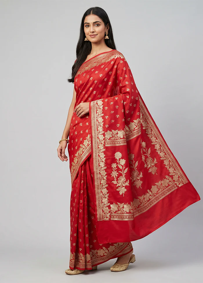 Red Banarasi Silk Saree With Blouse Piece