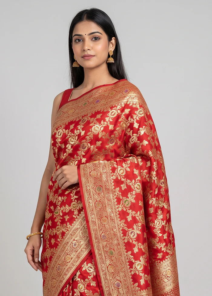 Red Banarasi Silk Saree With Blouse Piece - Image 2