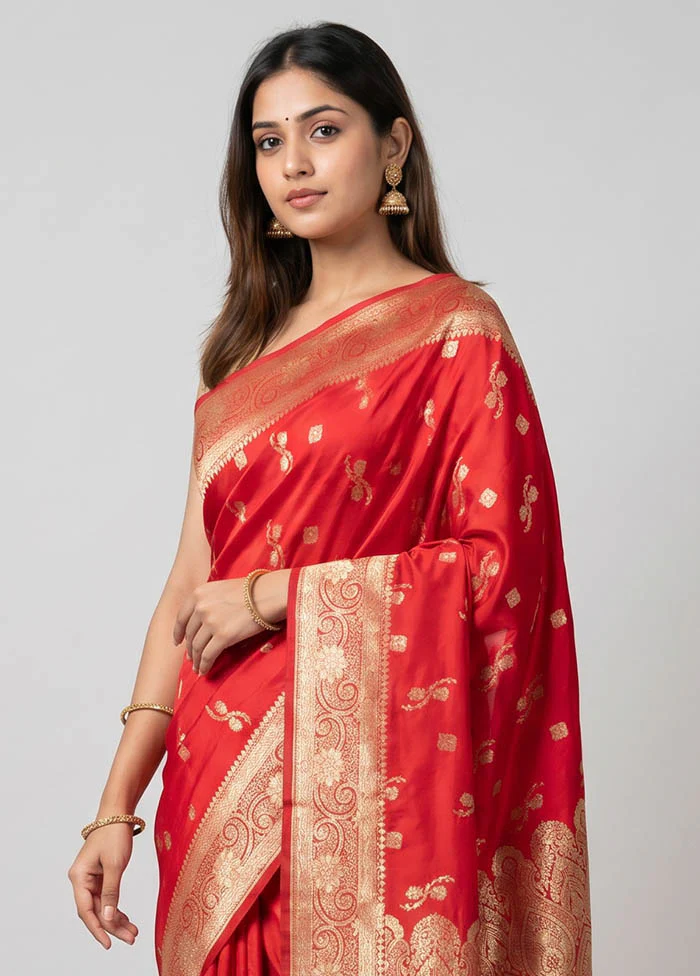 Red Banarasi Silk Saree With Blouse Piece - Image 2