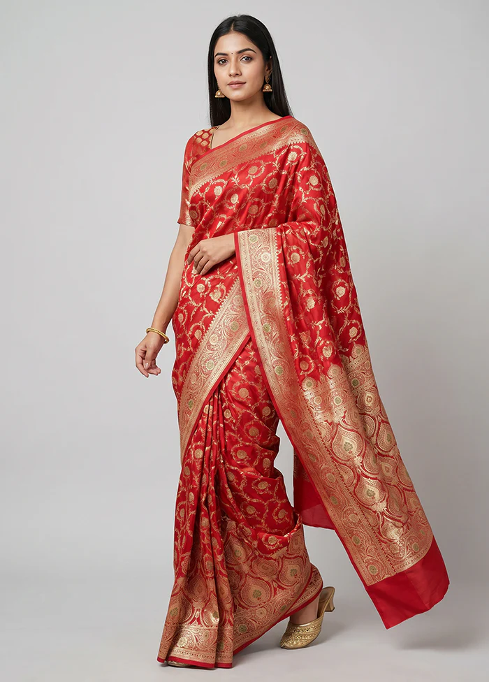 Red Banarasi Silk Saree With Blouse Piece