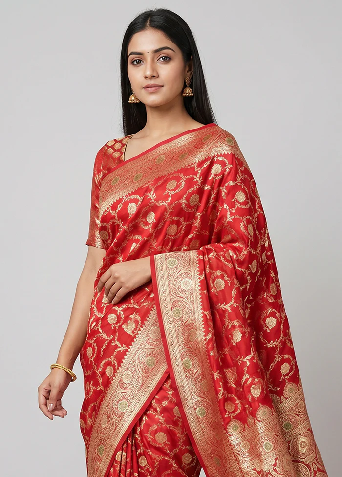 Red Banarasi Silk Saree With Blouse Piece - Image 2
