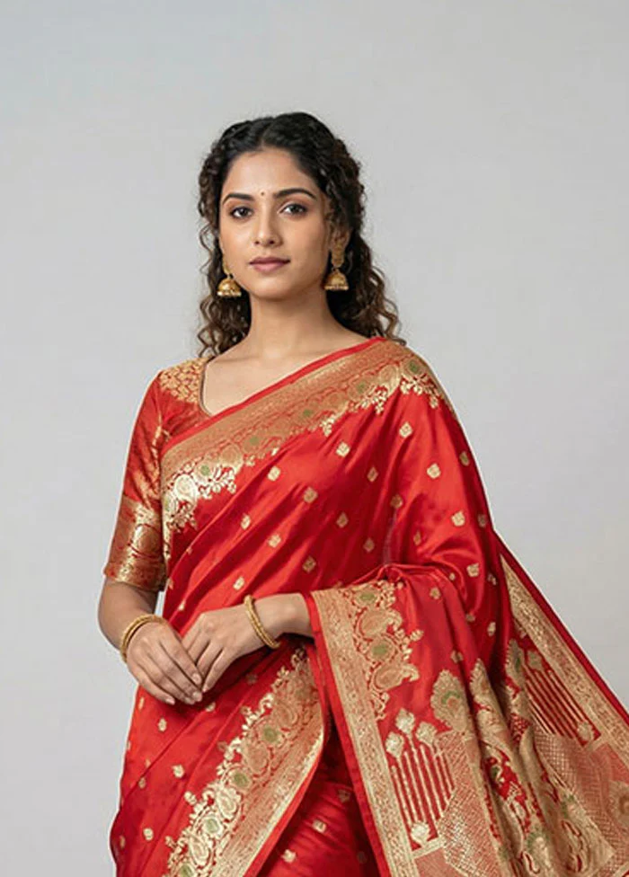 Red Banarasi Silk Saree With Blouse Piece - Image 2