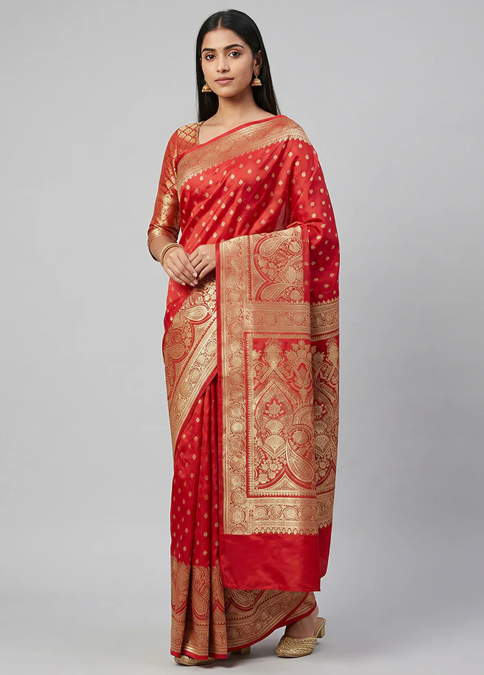 Red Banarasi Silk Saree With Blouse Piece