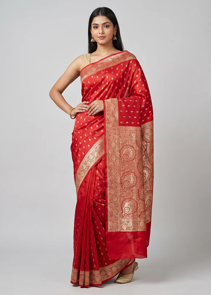 Red Banarasi Silk Saree With Blouse Piece