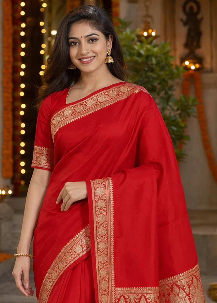 Red Banarasi Silk Saree With Blouse Piece - Image 2