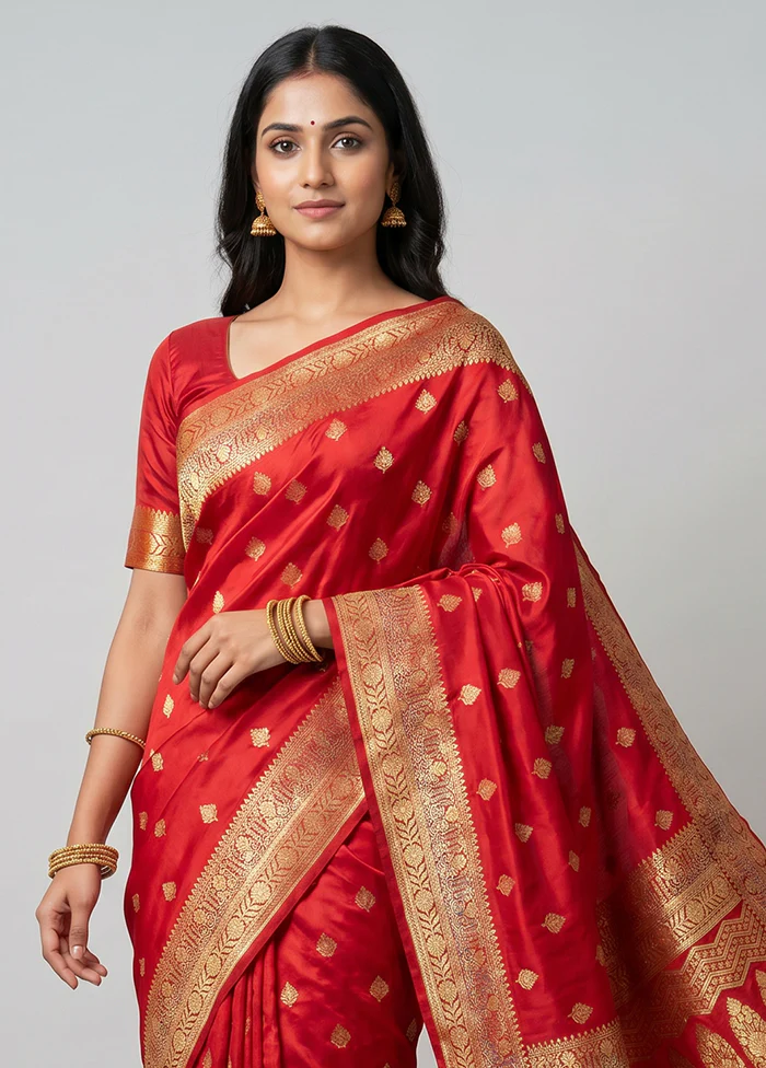 Red Banarasi Silk Saree With Blouse Piece - Image 2
