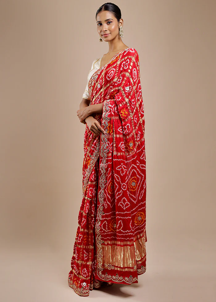 Red Bandhej Pure Silk Saree Without Blouse Piece