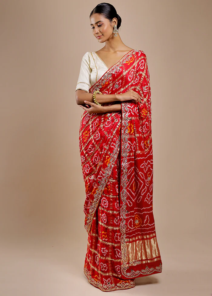 Red Bandhej Pure Silk Saree Without Blouse Piece - Image 3