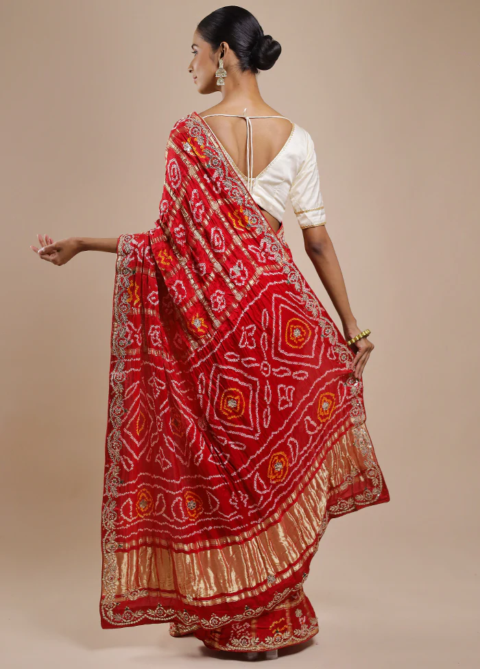 Red Bandhej Pure Silk Saree Without Blouse Piece - Image 4