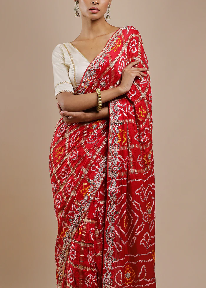 Red Bandhej Pure Silk Saree Without Blouse Piece - Image 5