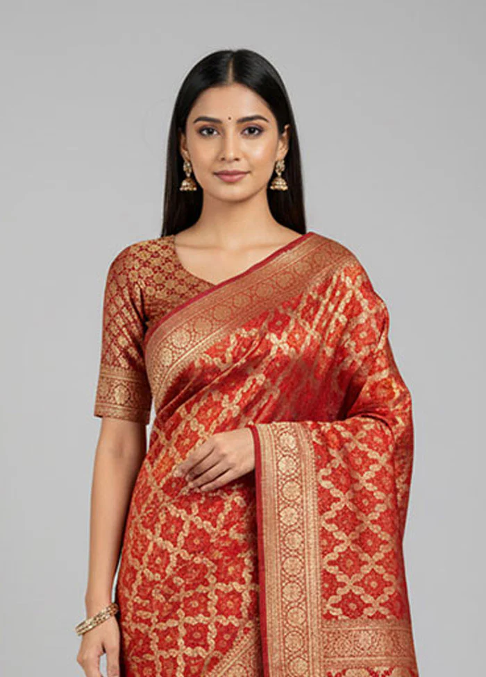 Red Bandhej Silk Saree With Blouse Piece - Image 2