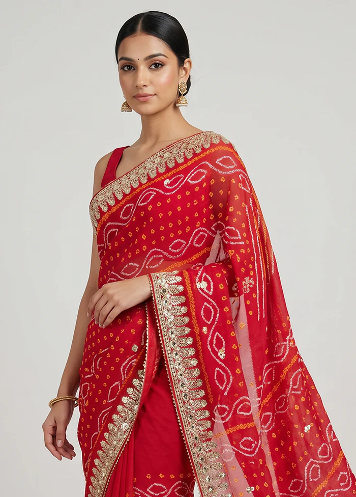 Red Bandhej Silk Saree With Blouse Piece - Image 2