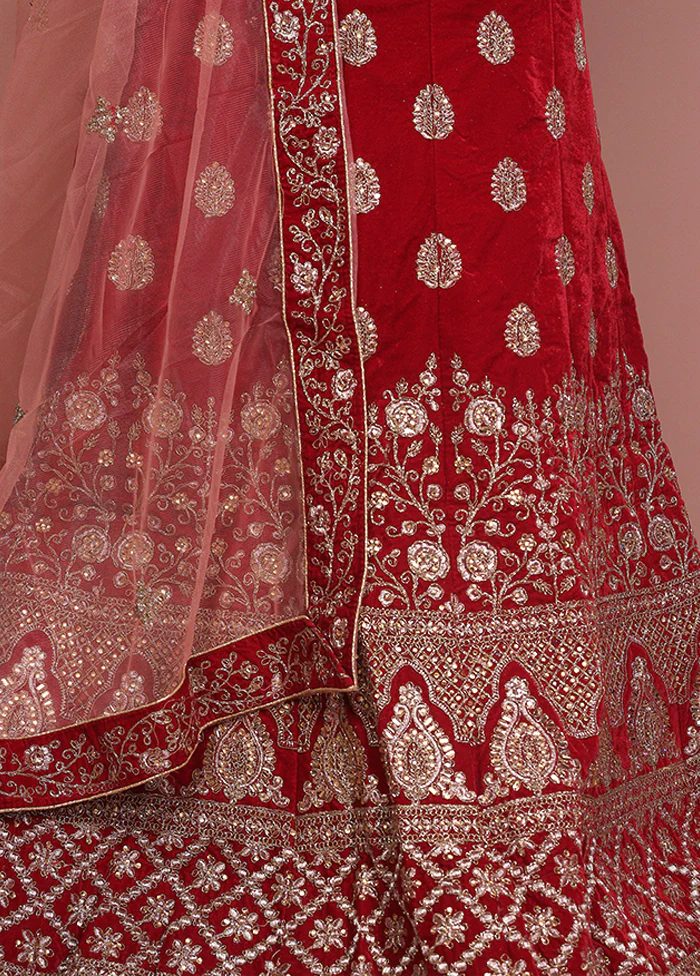 Red Blended Silk Dupatta Lehenga Set - Image 3
