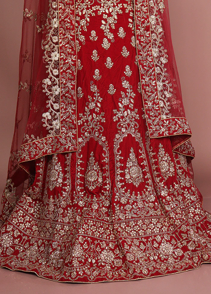 Red Blended Silk Dupatta Lehenga Set - Image 2