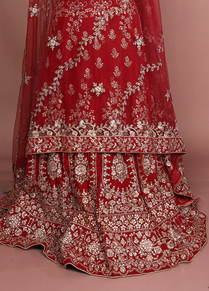 Red Blended Silk Dupatta Lehenga Set - Image 3