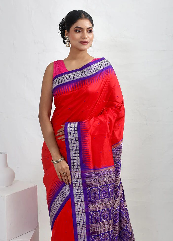 Red Bomkai Pure Silk Saree With Blouse Piece