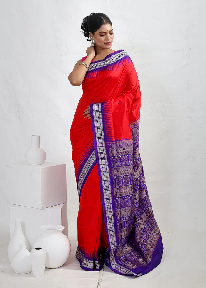 Red Bomkai Pure Silk Saree With Blouse Piece - Image 2
