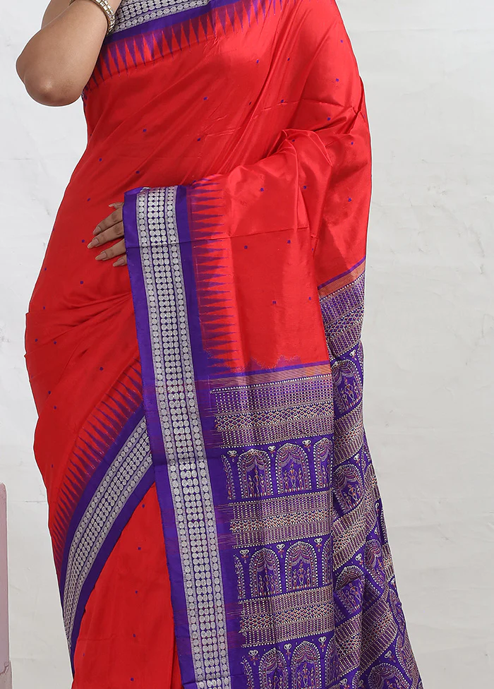 Red Bomkai Pure Silk Saree With Blouse Piece - Image 3