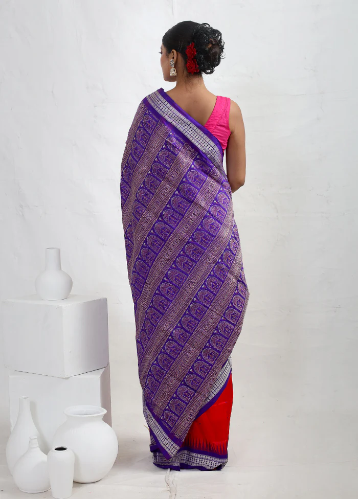 Red Bomkai Pure Silk Saree With Blouse Piece - Image 4