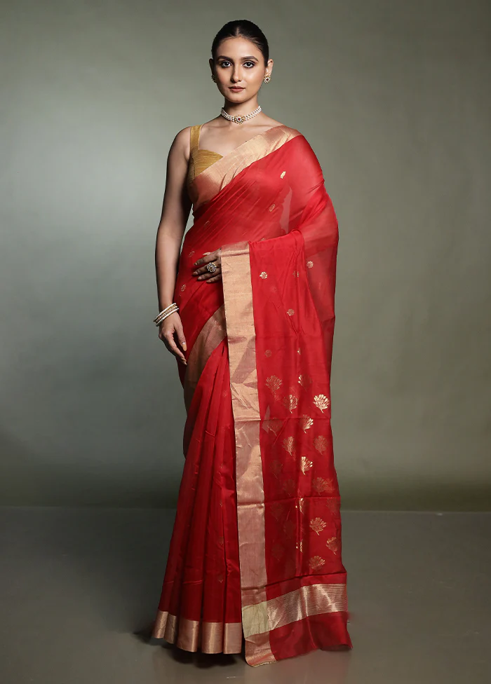 Red Chanderi Cotton Saree With Blouse Piece - Image 2